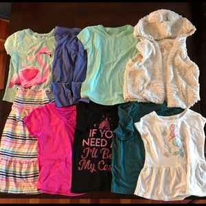 Girls hooded vest, 1 summer dress, leggings, 6 tops